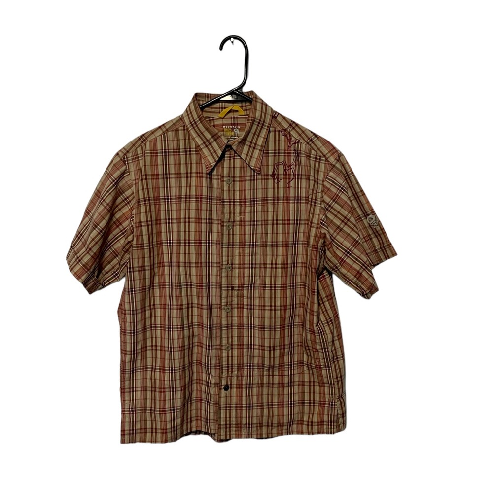 Mountain Hardwear Shirt Mens Medium Beige Red Plaid Tribal Short Sleeve Outdoor